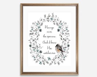 Su mirada está puesta en el gorrión / Lámina con himno, decoración cristiana, arte mural imprimible de aves (descarga digital)