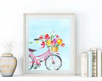 Pink Floral Bicycle Printable Tulips Wall Art 5x7 8x10 11x14 16x20 Spring Sign Watercolor Print Bike Print DIY Decor Bicycle Sign