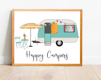 Happy Campers Printable Wall Art Set 5x7 8x10 11x14 16x20 Happy Camper Sign Print RV Camper Decor Camping Vacation Full-Timers DIY Decor