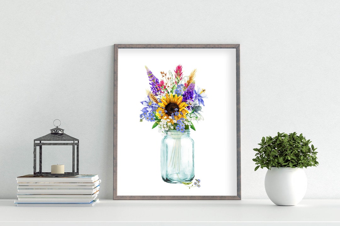 Wildflower Printable Bouquet Print 4x6 5x7 8x10 11x14 16x20 Mason Jar ...
