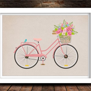 Bicycle Printable Pink Bike Art Flower Basket Nursery Teen - Etsy