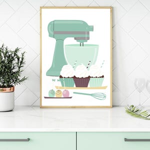 May include: A mint green stand mixer with a bowl and cupcakes. The cupcakes are decorated with frosting and sprinkles. There are also small round candies on a tray.