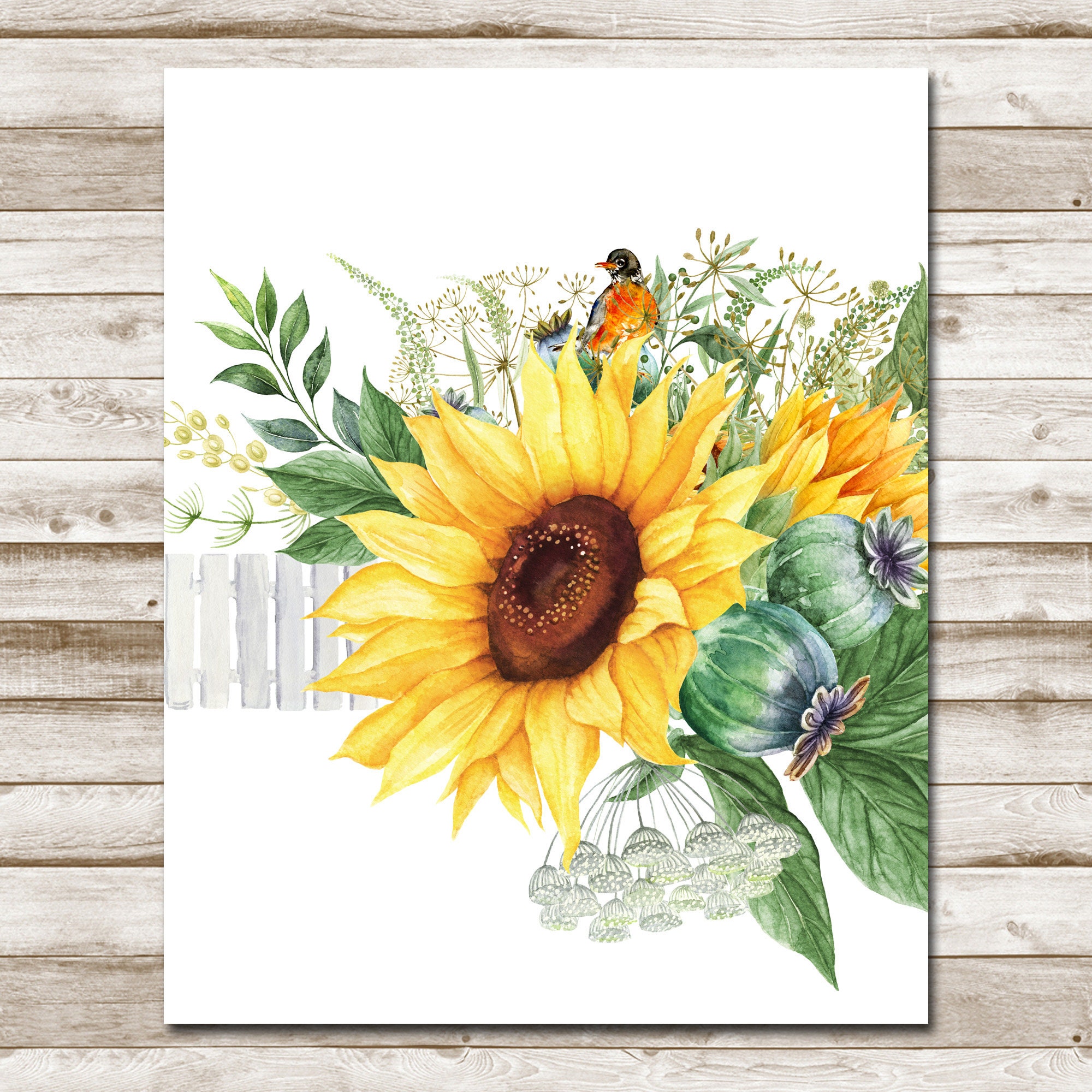 Sunflower Garden Printable Farmhouse Decor Floral Print White Fence ...
