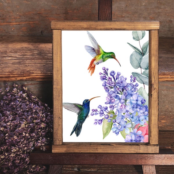 Hummingbird Printable Hummingbird Sign 5x7 8x10 11x14 16x20 French Country Decor Floral Sign Watercolor Lilacs Eucalyptus Wall Art DIY Decor