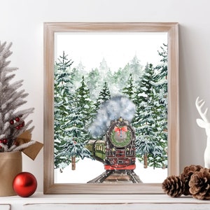 Tren de Navidad imprimible invierno pared arte 5x7 8x10 11x14 16x20 18x24 acuarela tren de vacaciones decoración impresión invierno bosque signo DIY decoración