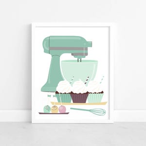 May include: A mint green stand mixer with a bowl and a whisk. Three cupcakes with white frosting and sprinkles are on a plate in front of the mixer. Three round candies are on a plate next to the whisk.