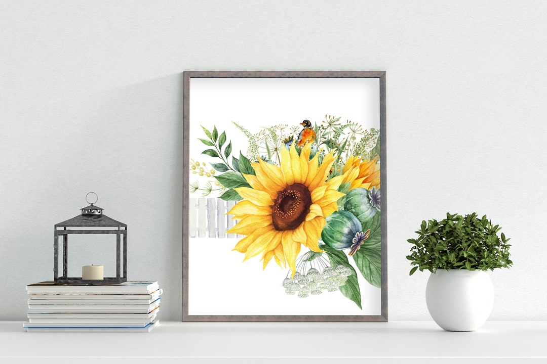 Sunflower Garden Printable Farmhouse Decor Floral Print White Fence ...