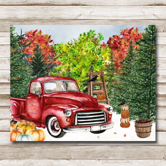 Autumn Red Vintage Truck Printable Woodland Wall Art | Etsy