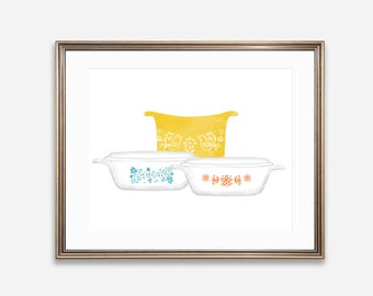 Vintage Pyrex Watercolor Print, Retro Kitchen Art (Digital Download)