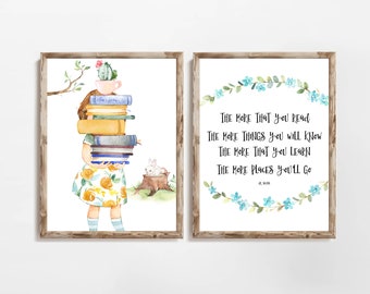 Citation de lecture du Dr Seuss | Plus que vous lisez, ensemble d'impressions, décoration pour fille (téléchargement numérique)