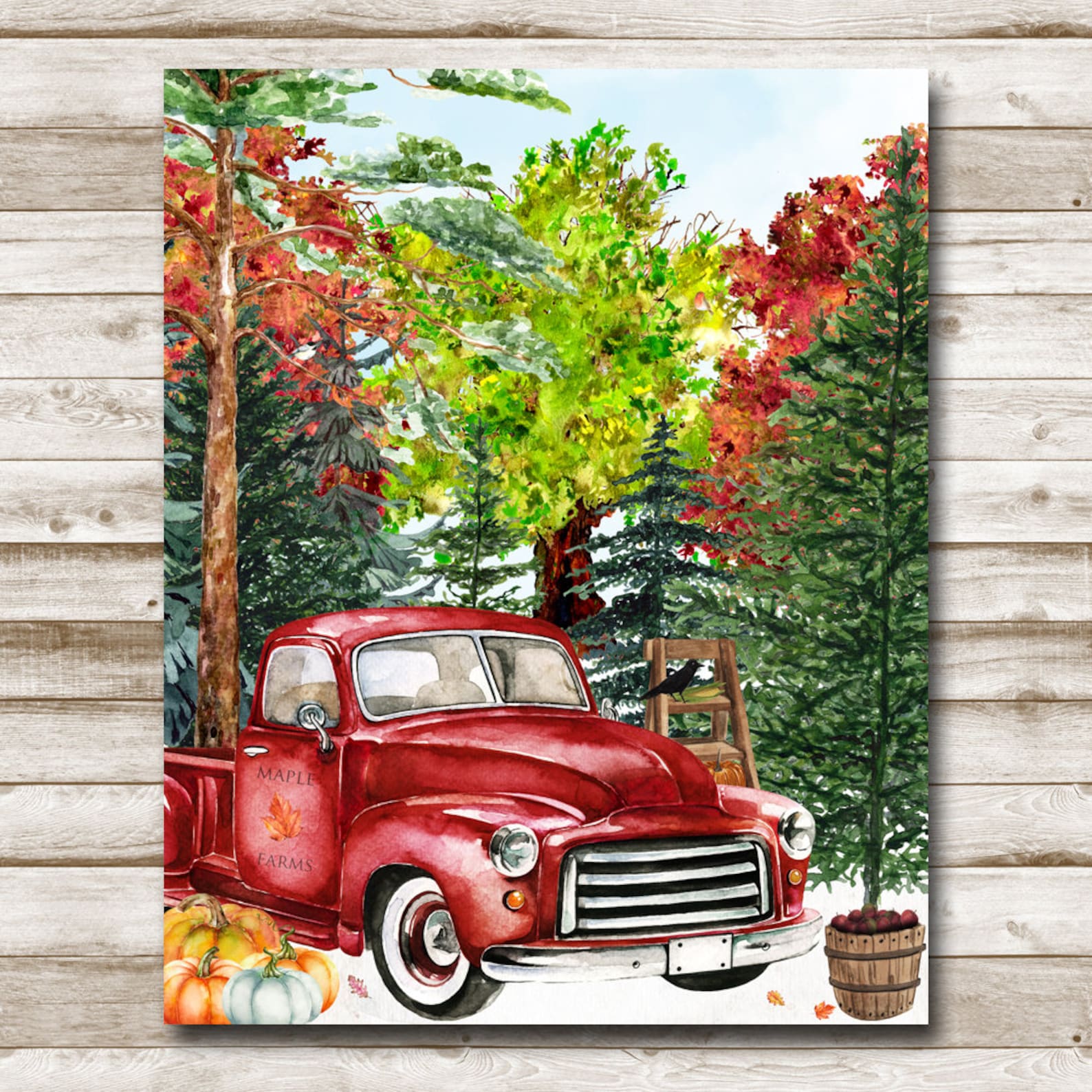 Autumn Red Vintage Truck Printable Woodland Wall Art 5x7 8x10 | Etsy