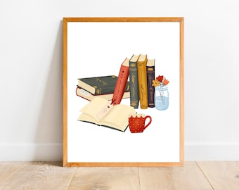 May include: A framed illustration of a stack of books with a red bookmark sticking out of the top book. A small red mug with white polka dots sits next to the books. A glass jar with flowers sits behind the books.