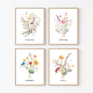 Vier seizoenen bloemen afdrukbare Wall Art seizoensborden seizoenen Set van 4 - 8x10 Winter Lente Zomer Herfst Bloemboeketten Home Decor DIY Cadeau