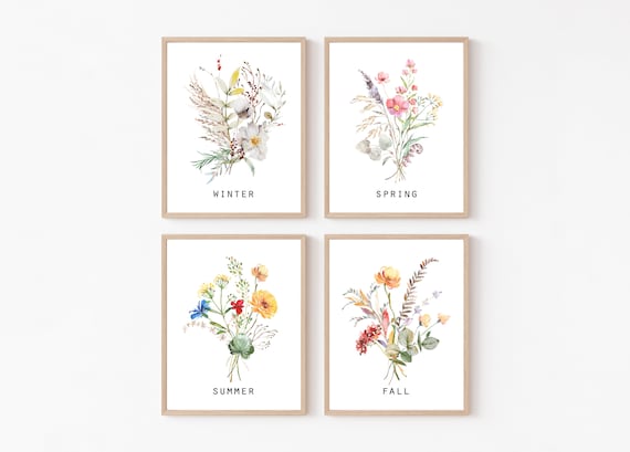 Four Seasons Floral Print Set | Seasonal Flower Bouquets, Set of 4