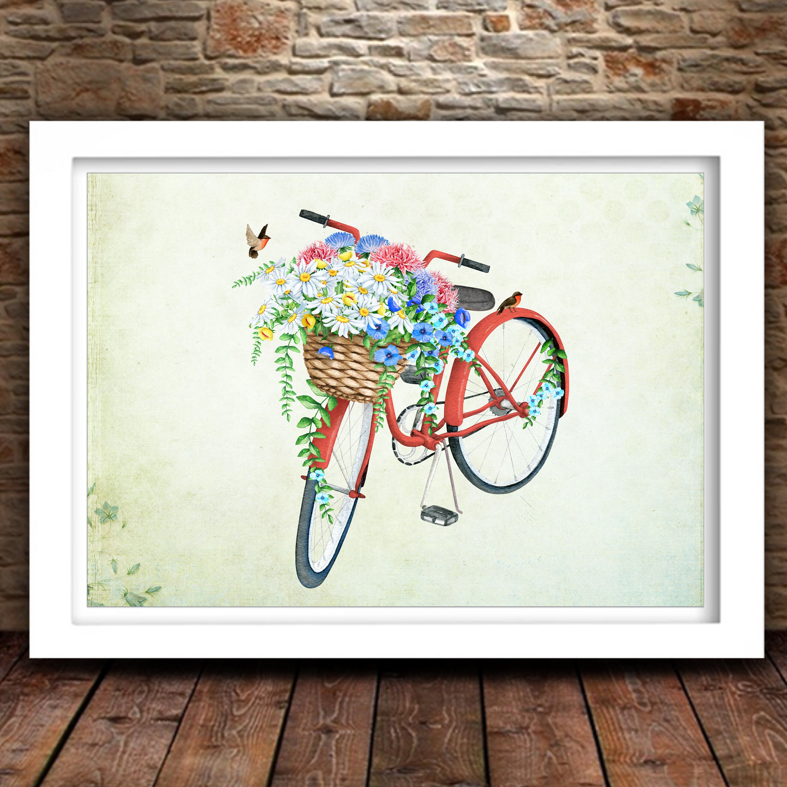 Floral Red Bicycle Printable Retro Print Bike Print Daisy | Etsy