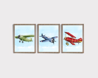 Airplanes Printable Set Nursery Print Set of 3 8x10 Aviation Nursery Playroom Decor Blue Skies Boy's Room Wall Art Red Green Blue Planes
