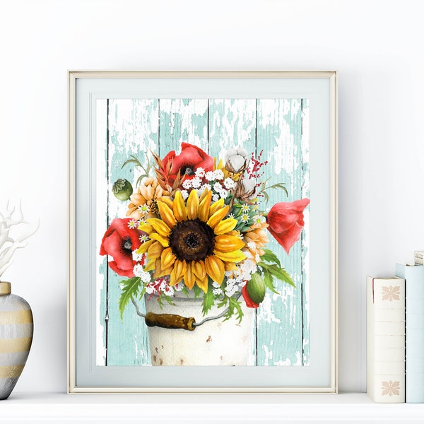 Summer Floral Printable Sunflower Bouquet Wall Art 5x7 8x10 11x14 16x20 Poppies Sign Summer Flowers Farmhouse Decor Rustic Aqua Wood