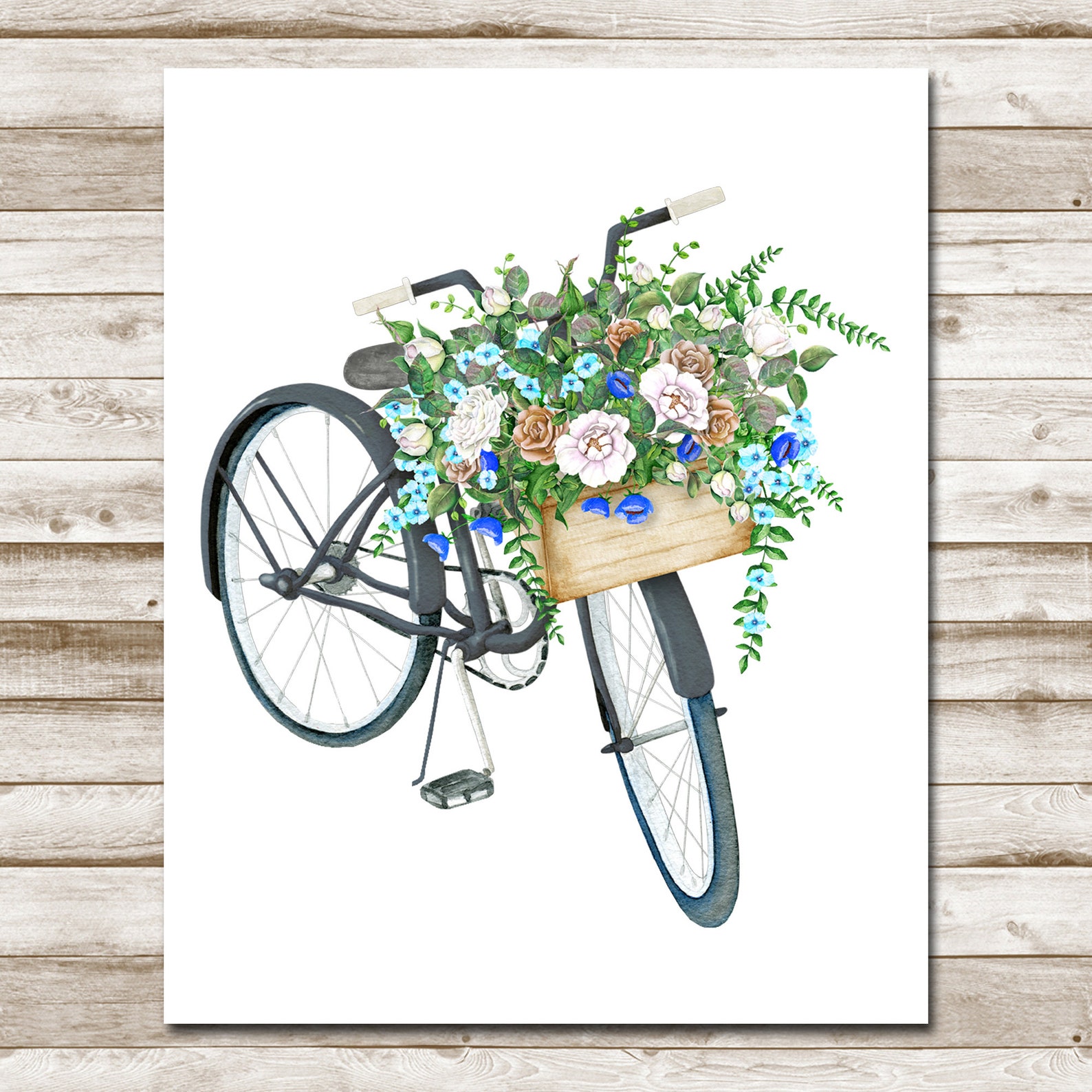 Floral Black Bicycle Printable Vintage Bike Art Flower Basket | Etsy