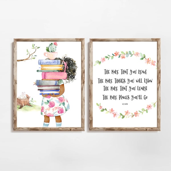 Reading Printable Quote Set The More You Read Classroom Wall Signs Set of Two 8x10 and 11x14 The Places You'll Go Wall Art Girls Room Decor