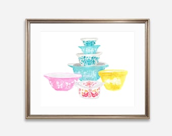 Vintage Pyrex Bowls | Watercolor Pastel Print, Retro Kitchen Art (Digital Download)