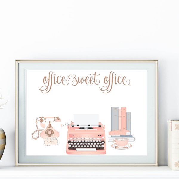 Office Sweet Office Printable  5x7 8x10 11x14 16x20 Vintage Typewriter Work Decor Home Office Wall Art Work Decor Pink Print Retro Decor