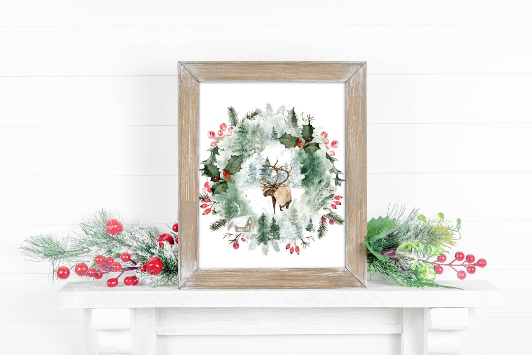 Woodland Winter Wreath Printable Reindeer 5x7 8x10 11x14 16x20 Holiday ...