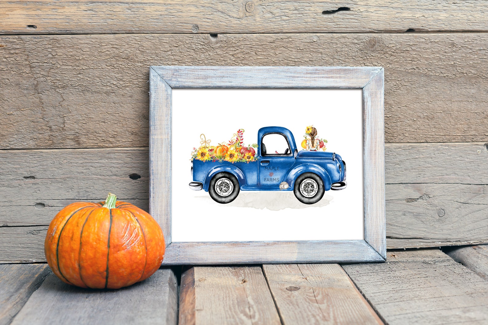 Autumn Truck Printable Vintage Blue Truck Wall Art 5x7 8x10 Etsy