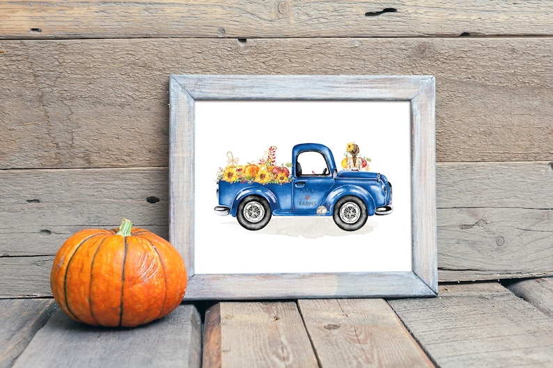 Autumn Truck Printable Vintage Blue Truck Wall Art 5x7 8x10 | Etsy