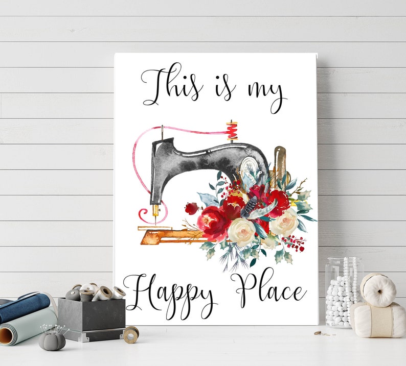 This Is My Happy Place Printable Craft Room Sign Sewing Print Sewing DIY Decor Craft Room Decor 5x7 8x10 11x14 16x20 Sewing Nook Red Floral image 1