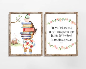 Citation de lecture du Dr Seuss | Plus que vous lisez, ensemble d'impressions, décoration pour fille (téléchargement numérique)