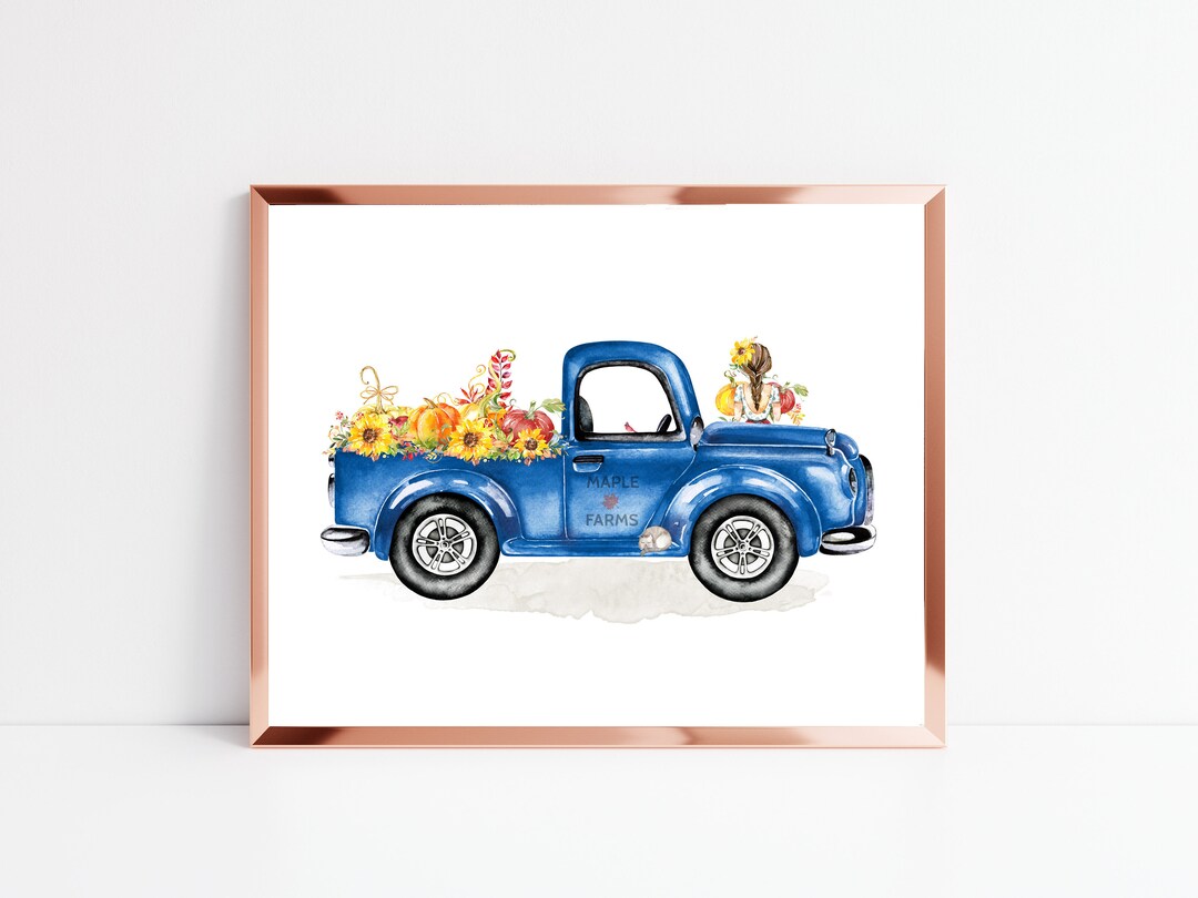 Autumn Truck Printable Vintage Blue Truck Wall Art 5x7 8x10 - Etsy