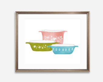 Vintage Pyrex Kitchen Print, Retro Bakeware Art (Digital Download)