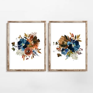 Floral Bouquet Printable Farmhouse Fall Flowers Set of Two 8x10 and 11x14 Floral Wall Art Summer Navy Blue Rust Floral Prints DIY Decor