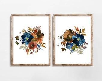 Floral Bouquet Prints | Navy Blue & Rust Flowers, Printable Art (Digital Download)