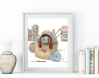 Yarn and Books | Watercolor Print, Craft Room Decor (Digital Download)