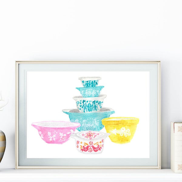 Vintage Pyrex Printable Wall Art Kitchen Printable Wall Art Pyrex Bowls Retro Kitchen Sign 5x7 8x10 11x14 16x20 Watercolor Farmhouse Print