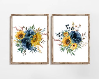 Sunflower Blues Bouquet Printable Farmhouse Flowers Set of Two 8x10 and 11x14 Yellow Wall Art Blue Floral Prints DIY Country Summer Decor