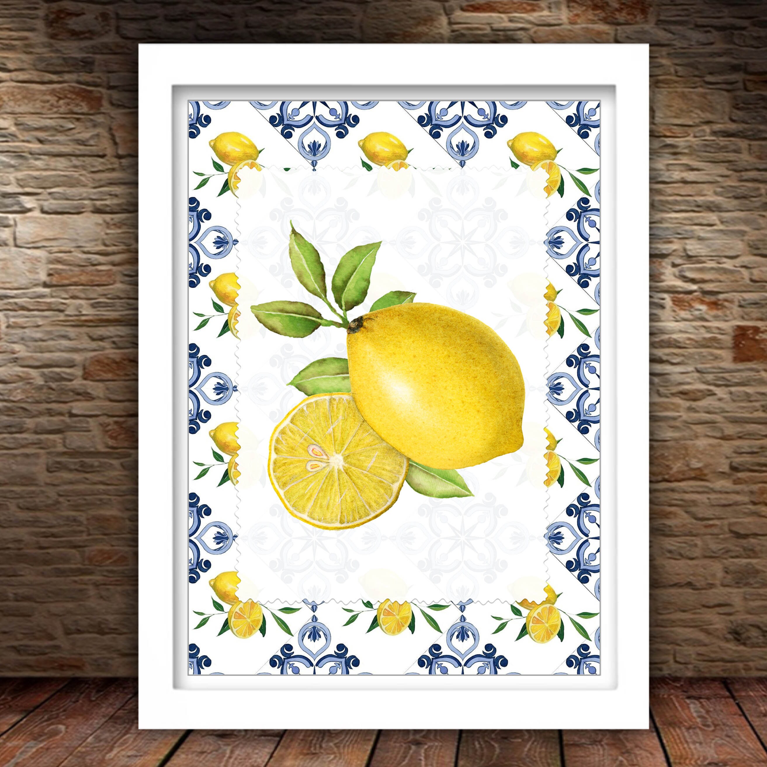 Lemon Kitchen | Lemons Print, Vintage Blue Tile, Yellow Decor