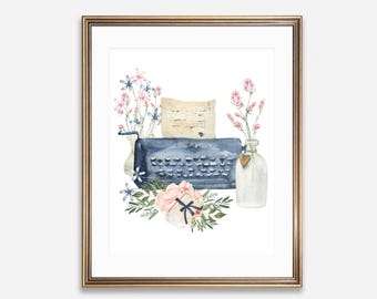 Floral Typewriter | Watercolor Printable Art, Vintage Composition, Office Print (Digital Download)