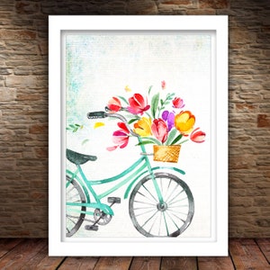 Aqua Floral Bicycle Printable Tulips Wall Art 5x7 8x10 11x14 - Etsy