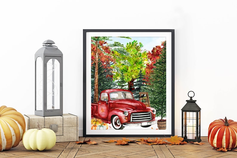 Autumn Red Vintage Truck Printable Woodland Wall Art 5x7 8x10 | Etsy