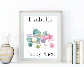 This Is My Happy Place Printable Craft Room Art Knitting Crochet Yarn Print Watercolor Custom Name 5x7 8x10 11x14 16x20 Personalized Print