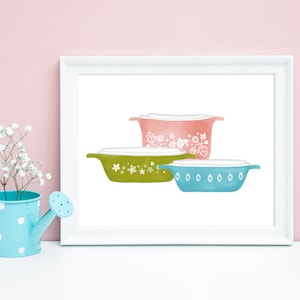 Vintage Pyrex Printable Kitchen Printable Wall Art Pyrex Bakeware Retro Farmhouse Decor 4x6 5x7 8x10 11x14 16x20 Watercolor Kitchen Print