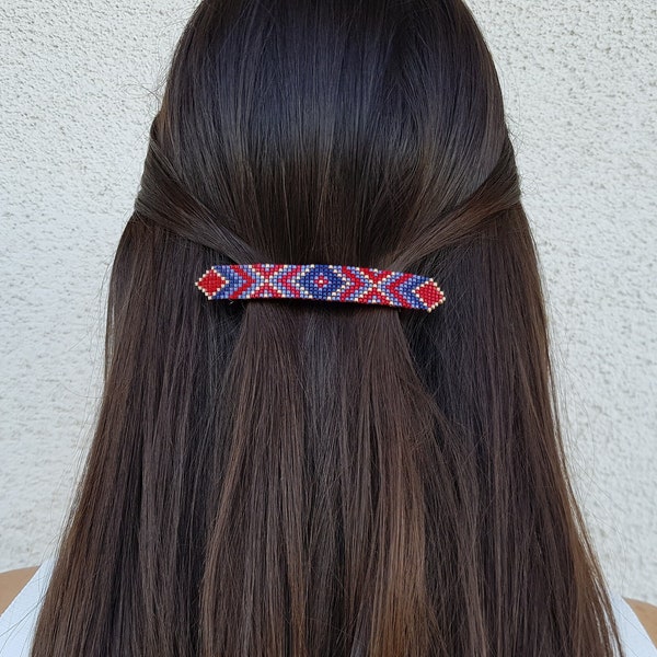 Seed Bead Native American Barrette, Ethnic Boho Hair Accessory, Hair Clip Brooch, Beaded Hair Holder, Birthday Gift For Her