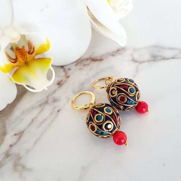 Tibetan Ball Earrings, Ethnic Mosaic Earrings, Dangle Hoops, Turquoise Coral Inlay Drop, Ornate Rustic Bead, Bohemian Gypsy Dangle