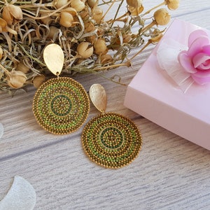 Green Circle Bead Earrings, Post Dangle Large Round Earrings, Gold Big Disc Stud Dangle, Geometric Boho Earrings, Gift for Her image 1
