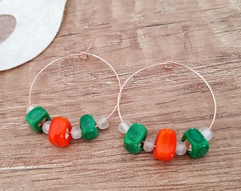 Square Glass Beaded Hoops, Multi Color Earrings, Colorful Geometric Jewelry, Boho Style Hoop Dangle, Birthday Gift Girlfriend, Self Gift