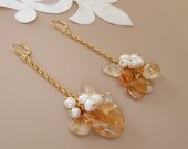 Citrine Pearl Cluster Earrings Gold, Raw Stone November Birthstone Jewelry, Long Chain Earrings, Dainty Gemstone Dangle, Birthday Gift Her