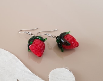 Strawberry Murano Glass Earrings, Cottagecore Fruit Jewelry, Lampwork Cute Nature Earring, Glass Berry Dangle, Red Green Drop, Foodie Gift