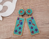 Turquoise Blue Seed Bead Tribal Boho Earrings, Abstract Ethnic BFF Gift, Rectangle Round Unique Tibetan Jewelry, Nepal Gypsy Earrings